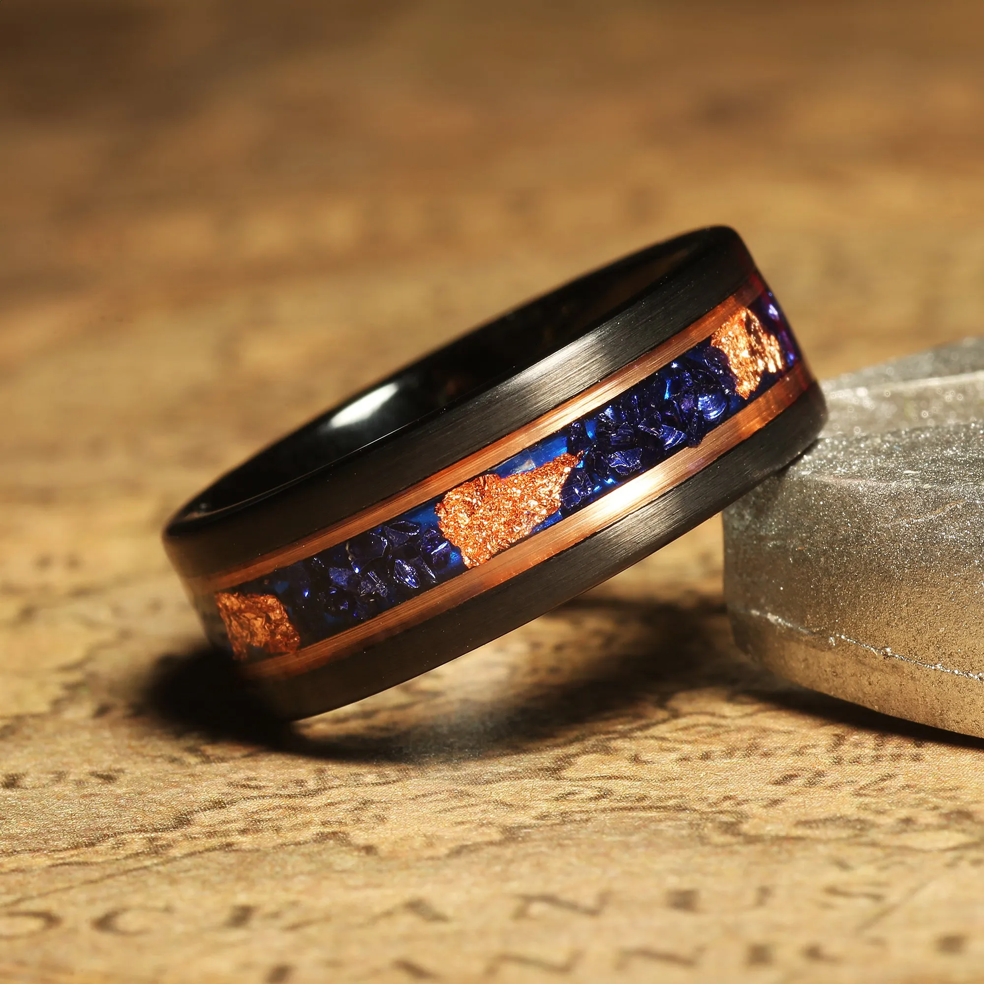 "Midnight Sapphire" Black Tungsten Wedding Band with Dark Blue Lab-Created Sapphire Inlay for Men