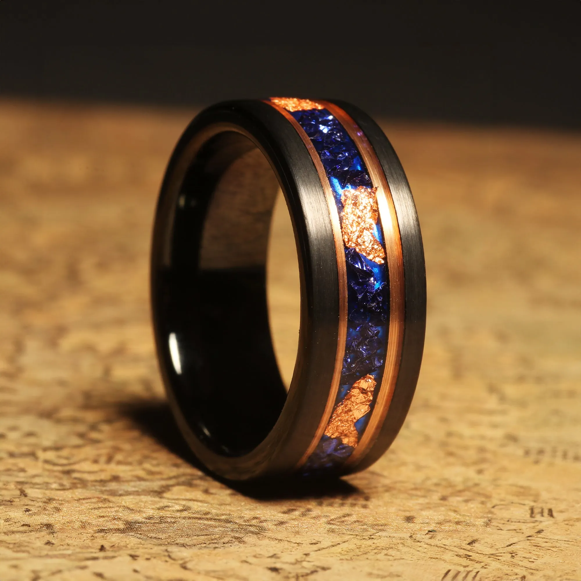 "Midnight Sapphire" Black Tungsten Wedding Band with Dark Blue Lab-Created Sapphire Inlay for Men