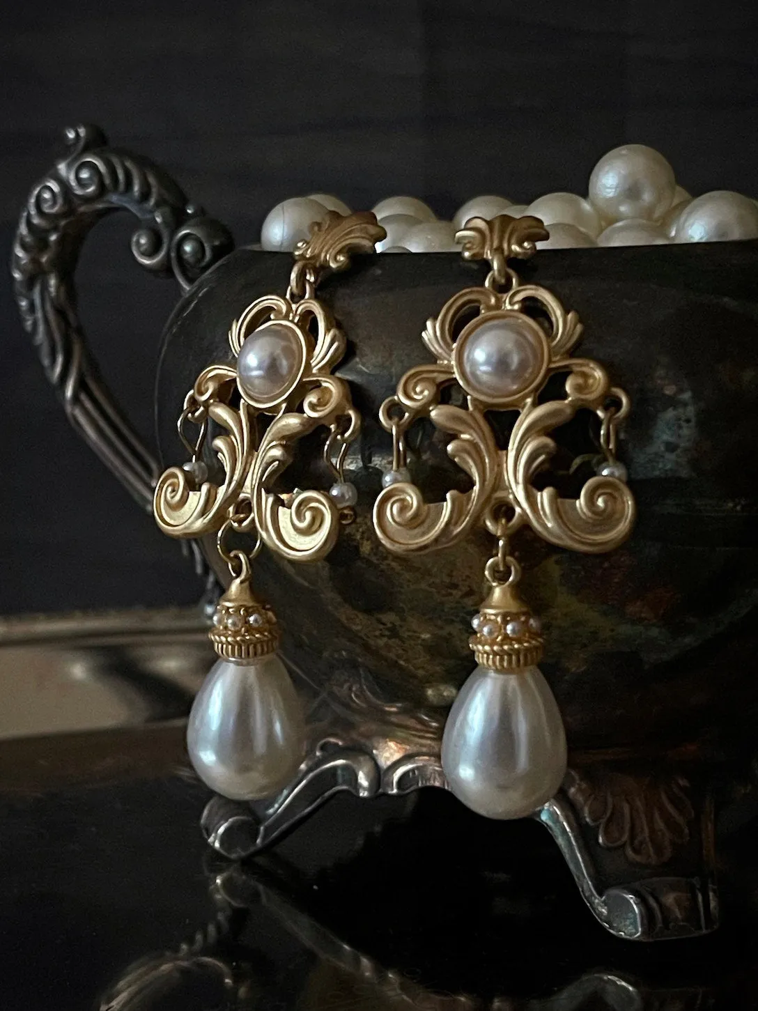 Renaissance Inspired Ornate Flourish Earrings with Pearl Drops | Regular & Clip-On