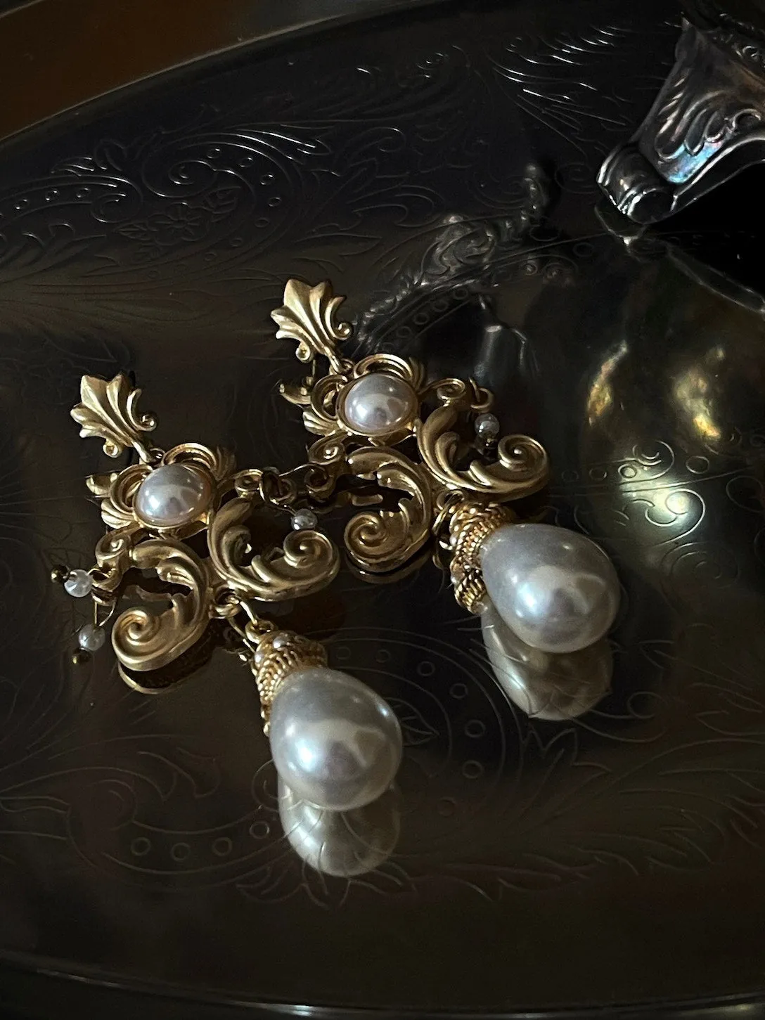 Renaissance Inspired Ornate Flourish Earrings with Pearl Drops | Regular & Clip-On