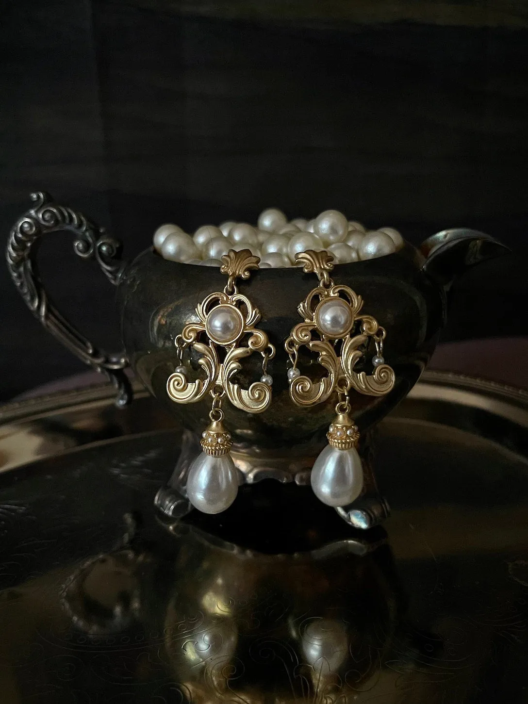 Renaissance Inspired Ornate Flourish Earrings with Pearl Drops | Regular & Clip-On