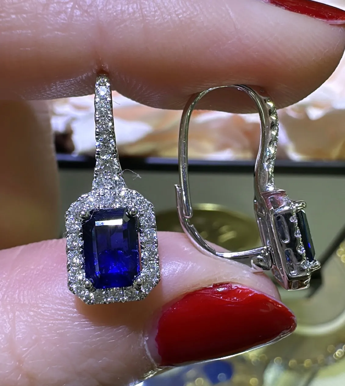 Royal Blue Baguette-cut Sapphire & Diamond Drop Earrings