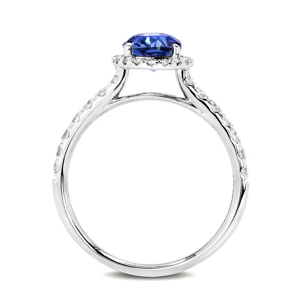 Royal Blue Oval Lab Grown Sapphire with Halo Ring in 18K Gold