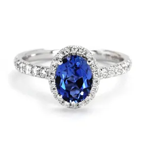 Royal Blue Oval Lab Grown Sapphire with Halo Ring in 18K Gold