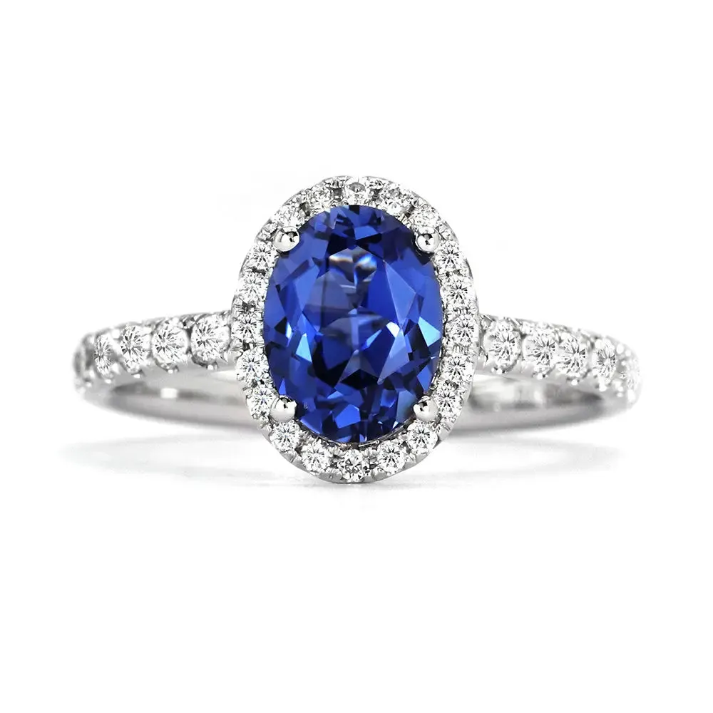 Royal Blue Oval Lab Grown Sapphire with Halo Ring in 18K Gold