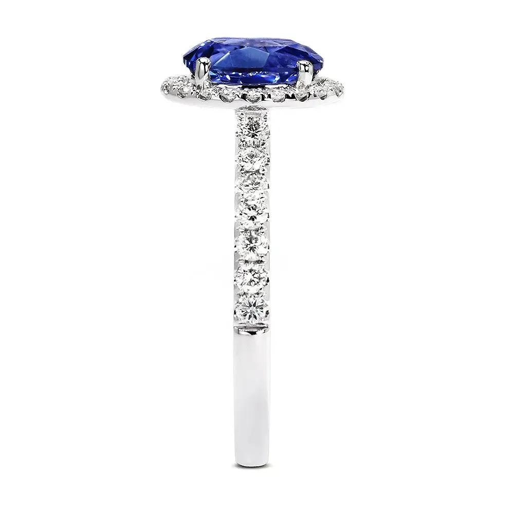 Royal Blue Oval Lab Grown Sapphire with Halo Ring in 18K Gold