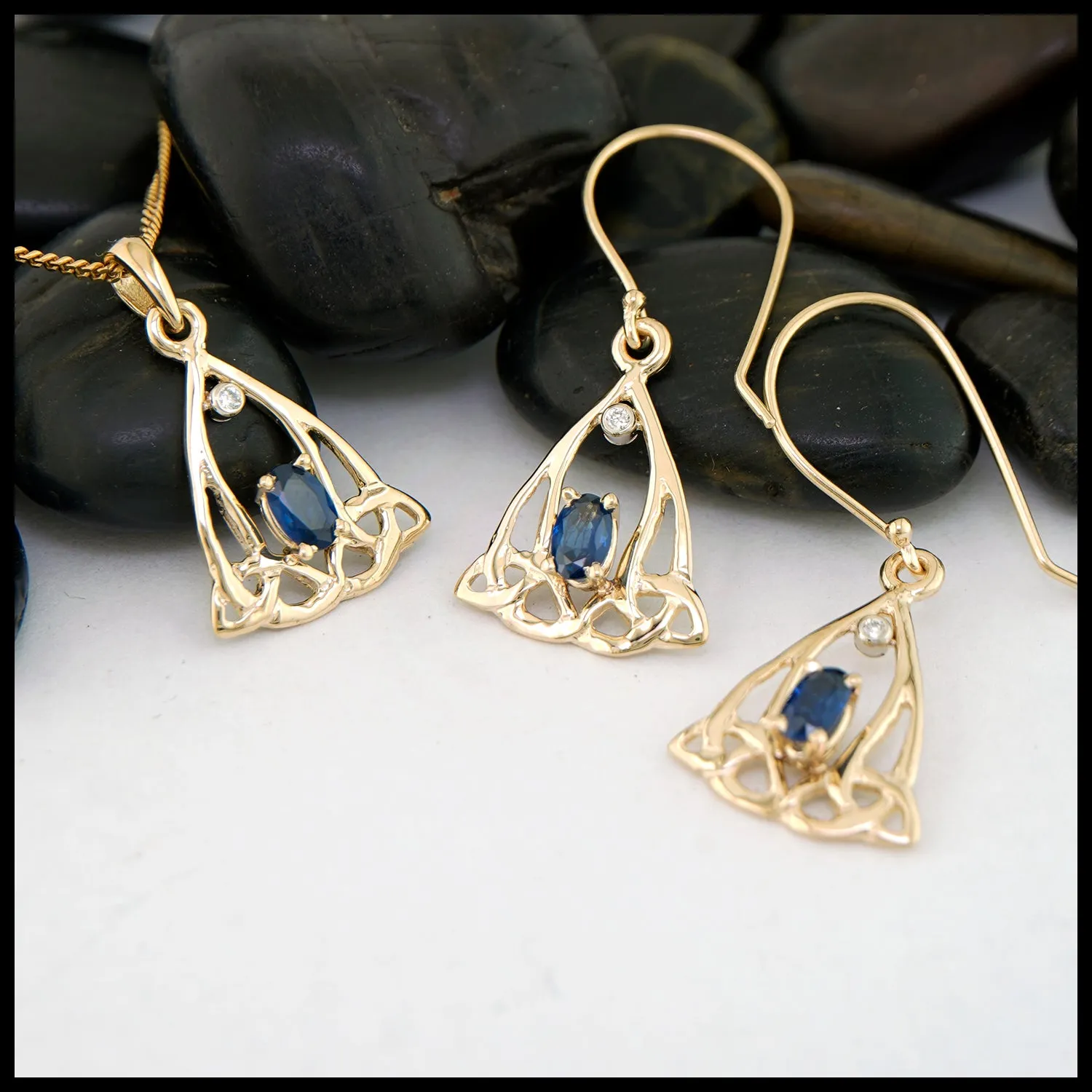 Sapphire Trinity Knot Pendant and Earring Set in 14K Gold