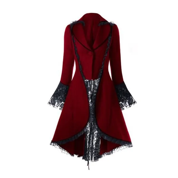 Women Lace Trim Lace-up High Low Coat Black Steampunk Victorian Style Gothic Jacket Medieval Noble Court Dress S-3XL