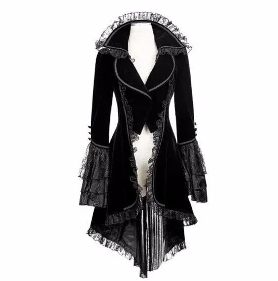 Women Lace Trim Lace-up High Low Coat Black Steampunk Victorian Style Gothic Jacket Medieval Noble Court Dress S-3XL