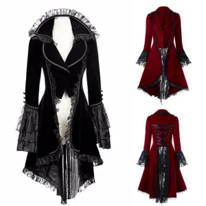 Women Lace Trim Lace-up High Low Coat Black Steampunk Victorian Style Gothic Jacket Medieval Noble Court Dress S-3XL